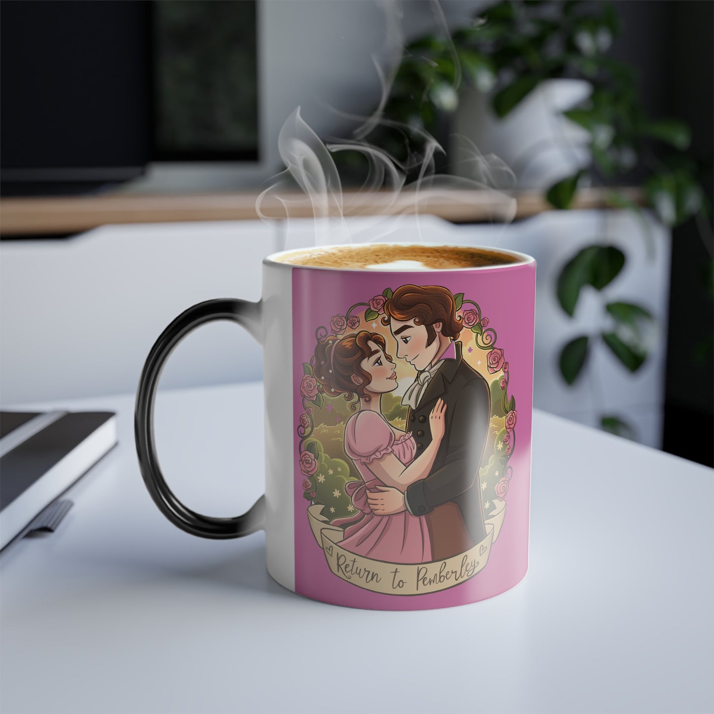 Return to Pemberley - Melanie Rachel Books - Black to Pink Color Morphing Mug, 11 oz