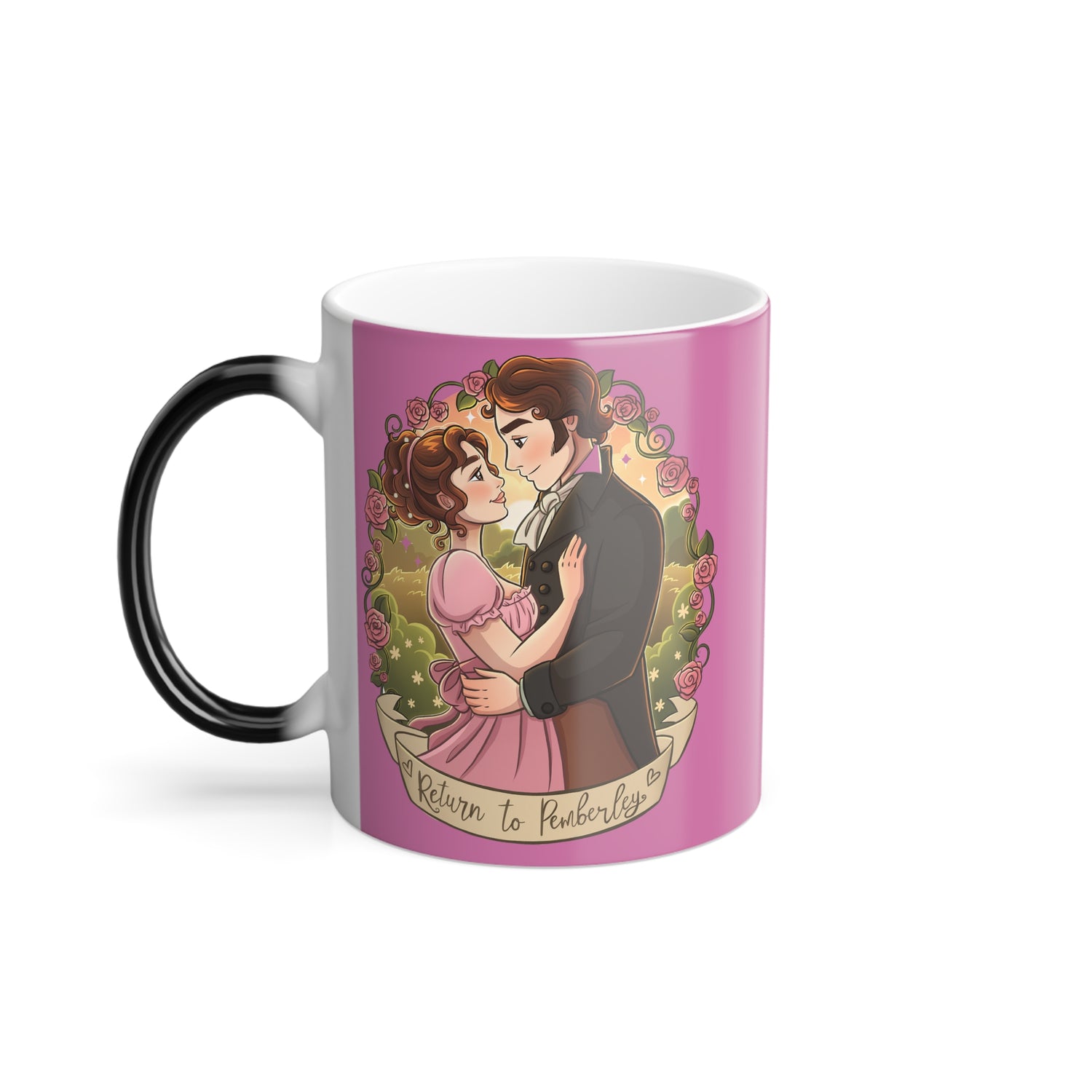 Return to Pemberley - Melanie Rachel Books - Black to Pink Color Morphing Mug, 11 oz