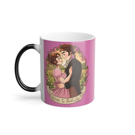 Return to Pemberley - Melanie Rachel Books - Black to Pink Color Morphing Mug, 11 oz